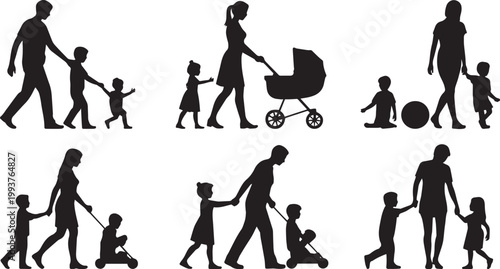 Family silhouette collection diverse generations walking together in black and white