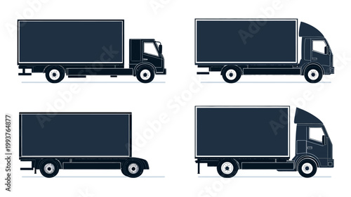 Four stylized illustrations of delivery trucks in dark blue with blank cargo boxes