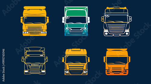 Six colorful frontal illustrations of freight vehicles in various styles set against a dark blue background