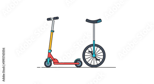 Illustrated scooter and unicycle on white background for recreational themes