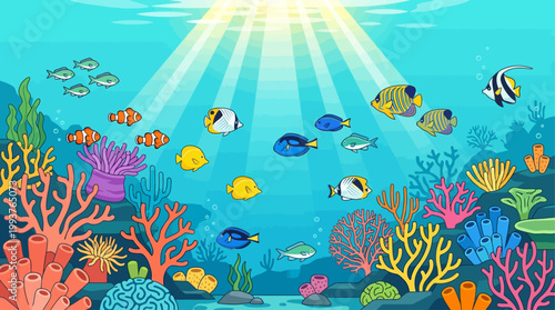 A vibrant underwater scene depicting a bustling coral reef teeming with diverse marine life, rendered in a clean and modern Flat Design style.