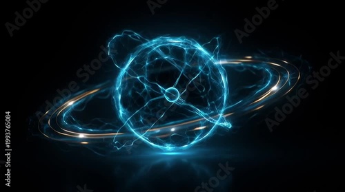 Futuristic nuclear energy concept with a glowing reactor sphere, blue energy pulses, clean modern design, set against a minimal dark background, emphasizing high-tech sustainability and precision.