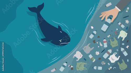 A powerful Flat Design illustration depicting a whale navigating an ocean polluted with plastic waste, with a symbolic hand intervening. 