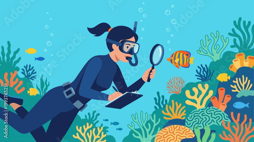 A compelling Flat Design illustration of a female marine biologist actively studying marine life underwater with a magnifying glass. 
