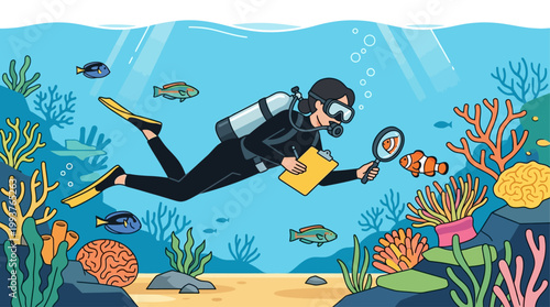 A compelling Flat Design illustration of a female marine biologist actively studying marine life underwater with a magnifying glass. 