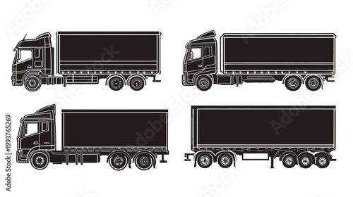 Collection of four black and white line art illustrations depicting various truck and trailer designs