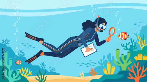 A compelling Flat Design illustration of a female marine biologist actively studying marine life underwater with a magnifying glass. 