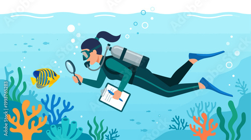A compelling Flat Design illustration of a female marine biologist actively studying marine life underwater with a magnifying glass. 