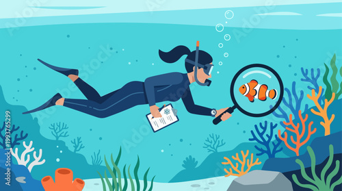 A compelling Flat Design illustration of a female marine biologist actively studying marine life underwater with a magnifying glass. 