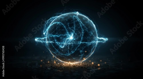 Futuristic nuclear energy concept with a glowing reactor sphere, blue energy pulses, clean modern design, set against a minimal dark background, emphasizing high-tech sustainability and precision.