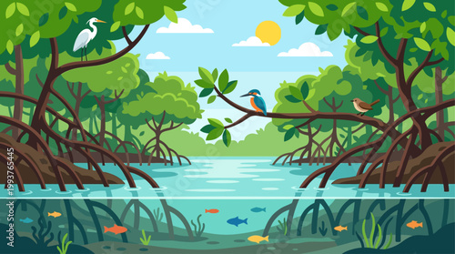 A serene Flat Design illustration depicting a vibrant mangrove forest ecosystem, showcasing its unique root structure and diverse inhabitants. 