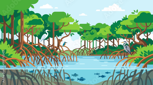 A serene Flat Design illustration depicting a vibrant mangrove forest ecosystem, showcasing its unique root structure and diverse inhabitants. 