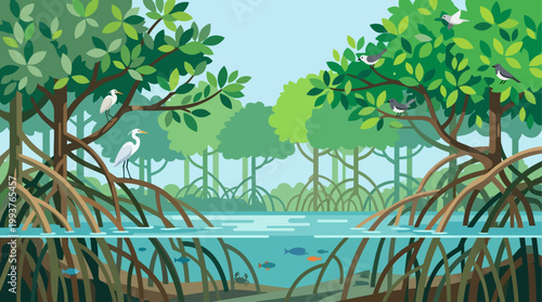 A serene Flat Design illustration depicting a vibrant mangrove forest ecosystem, showcasing its unique root structure and diverse inhabitants. 