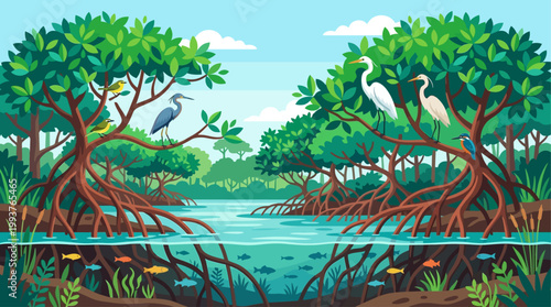A serene Flat Design illustration depicting a vibrant mangrove forest ecosystem, showcasing its unique root structure and diverse inhabitants. 