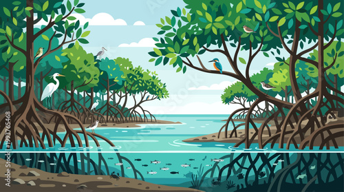 A serene Flat Design illustration depicting a vibrant mangrove forest ecosystem, showcasing its unique root structure and diverse inhabitants. 