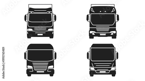 Front views of four black silhouette freight vehicles, variations of trucks and lorries
