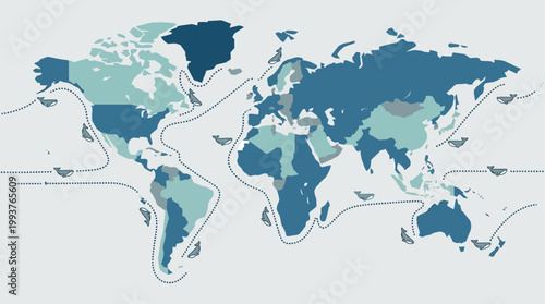 An informative Flat Design illustration of global whale migration routes across the world's oceans. 