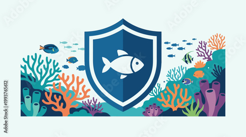 A conceptual Flat Design illustration representing a marine protected area (MPA), featuring a symbolic shield over a healthy, thriving underwater ecosystem. 