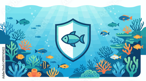 A conceptual Flat Design illustration representing a marine protected area (MPA), featuring a symbolic shield over a healthy, thriving underwater ecosystem. 