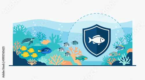 A conceptual Flat Design illustration representing a marine protected area (MPA), featuring a symbolic shield over a healthy, thriving underwater ecosystem. 