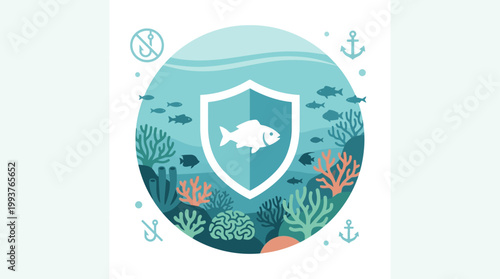 A conceptual Flat Design illustration representing a marine protected area (MPA), featuring a symbolic shield over a healthy, thriving underwater ecosystem. 