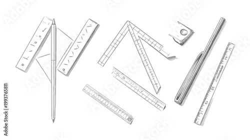 Hand-drawn grayscale illustration of various measuring tools, including rulers, a folding rule, and a pen
