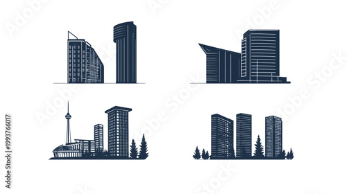 Collection of illustrations depicting various modern architectural structures, featuring clean lines