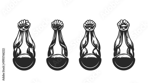 Four stylized weightlifting dumbbell arm illustrations in black and white on a clean white background