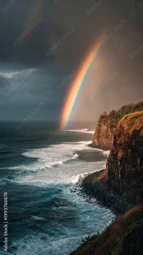 Fototapeta premium Rainbow Over Rocky Coastline at Dusk