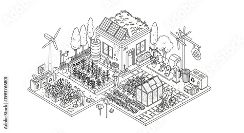 Isometric illustration of sustainable house with solar panels and garden