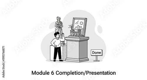 Man observing statue and artwork on display illustration