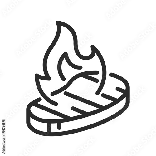 Grilled steak icon with flame symbol. Simple grilled meat icon for barbecue, restaurant menu, cooking apps and food design projects. Clean outline vector illustration.