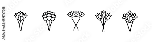 Flower bouquet line icons set floral bunch arrangement blooming blossom gift decorative plant sprout wedding celebration flora botanical spring petal & more vector illustration.
