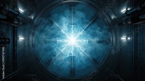 Inside a nuclear reactor core glowing with intense blue light, energy rods arranged symmetrically, subtle vapor and heat distortion, showcasing high-tech energy and precise engineering.