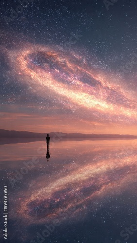 Silhouette of a Person Standing on Reflective Surface Under Milky Way