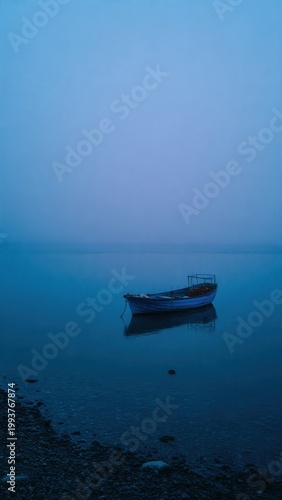 Solitary Boat on Misty Lake at Dawn