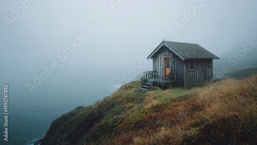 Solitary Cabin on Misty Coastal Cliff