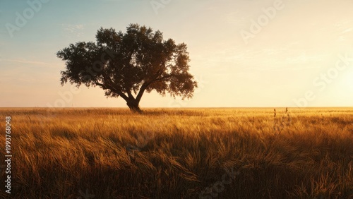 Solitary Tree in Golden Sunset Field