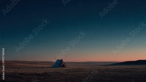 Solitary Tent in Vast Open Field at Dusk