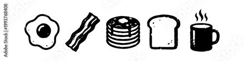 Black and White Hand-Drawn Breakfast Icon Set Featuring Fried Egg Bacon Stack of Pancakes Toast and Steaming Coffee Mug in Rustic Minimalist Style