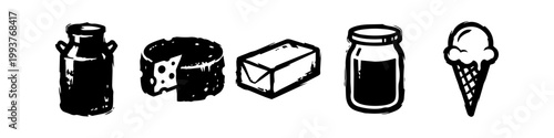 Collection of Hand-Drawn Dairy Icons: Milk Can, Swiss Cheese Wheel, Butter Block, Yogurt Jar, and Ice Cream Cone. Black and White Vector Food Illustrations for Farm and Grocery Themes.