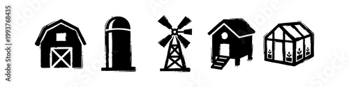 Set of Hand Drawn Farm Icons Featuring a Rustic Barn, Silo, Windmill, Chicken Coop, and Greenhouse Silhouette Graphics for Agricultural and Gardening Design Projects