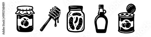 Hand-Drawn Black and White Food Icons Set: Jam Jar, Honey Dipper, Pickle Jar, Syrup Bottle, and Canned Plums. Minimalist Vector Illustrations for Kitchen, Cooking, and Pantry Graphic Design.