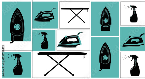Home Laundry Icons: Iron, Spray Bottle, and Ironing Board Collage