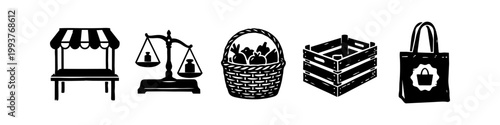 Farmers Market and Organic Food Icon Set Featuring Stall, Weighing Scale, Produce Basket, Wooden Crate, and Reusable Shopping Bag in Hand-Drawn Silhouette Style