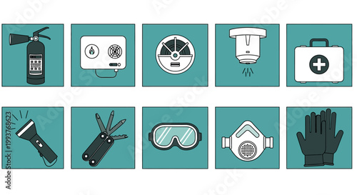 Safety Equipment Icons: Fire Extinguisher, First Aid, Mask, Gloves, Flashlight, Multitool