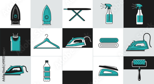 Laundry Care Icons: Ironing Board, Sprays, Hangers, Irons, Clothes, Water