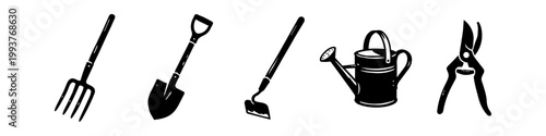 Set of Minimalist Black and White Garden Tool Icons: Shovel, Pitchfork, Hoe, Watering Can, and Pruning Shears - Isolated Vector Illustration for Gardening, Landscaping, and Agricultural Projects