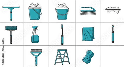 Cleaning Supplies Icon Set: Tools for Housekeeping and Hygiene