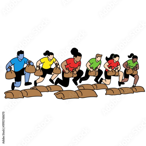 Diverse group of people running with sandbags over obstacles